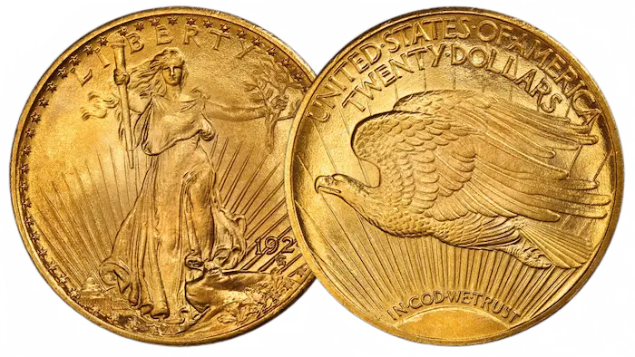 20$ Gaudens  gold coin obverse and reverse